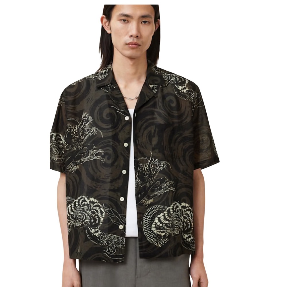 Mens Japanese Dragon Print Rayon Short Sleeve Button Down Camp Shirt Black Large